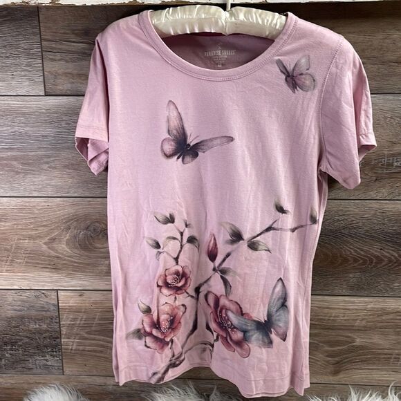 Paradise Shores Ladies Butterfly Tshirt Top, Size Small,Pink w/ Butterflies - Picture 1 of 7